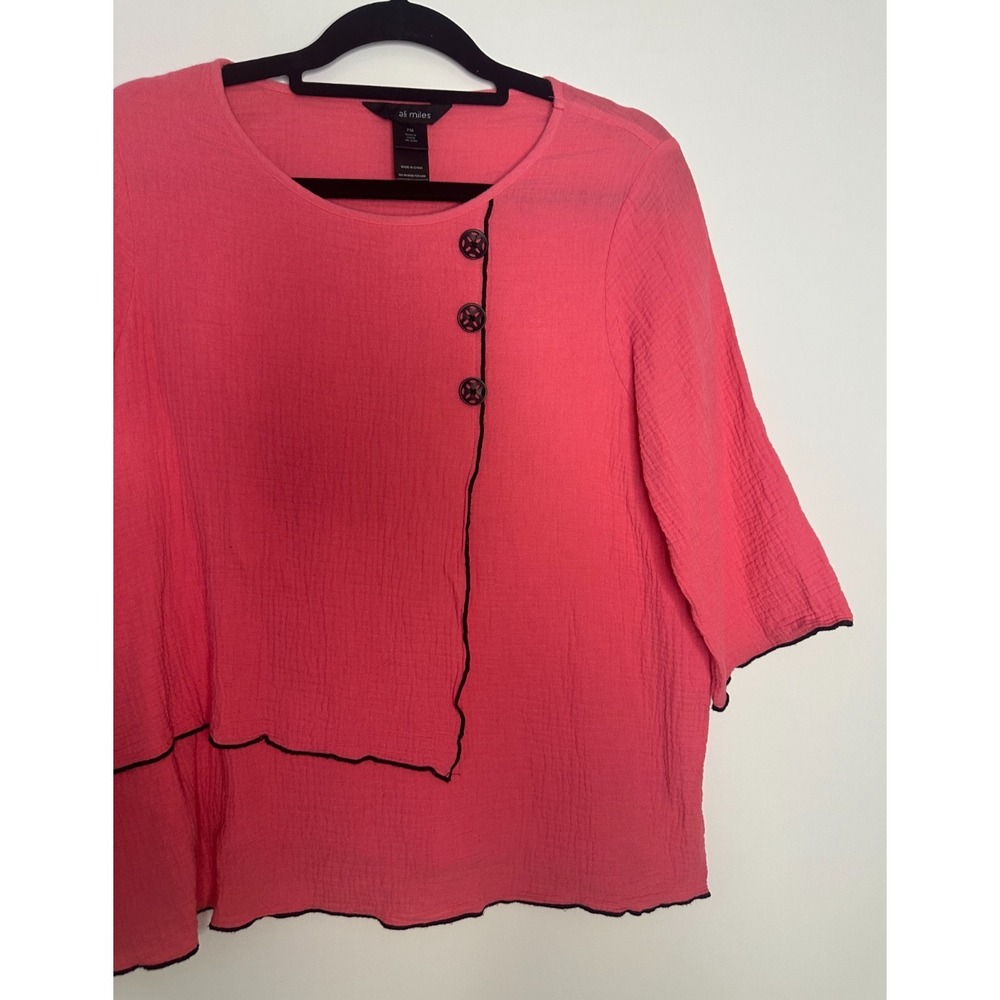 Ali Miles Pink Cotton Gauze Asymmetrical Button Blouse 3/4 Sleeve Petite Medium - Picture 5 of 10
